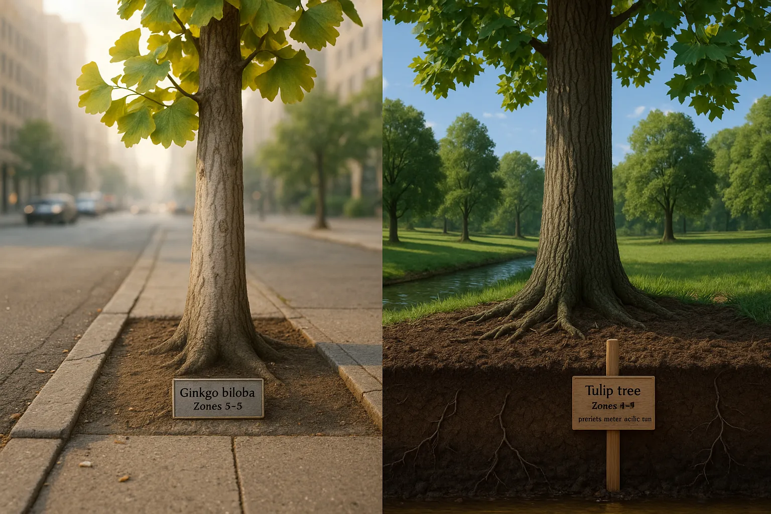 Ginkgo by cracked sidewalk and tulip tree in lush loamy park soil