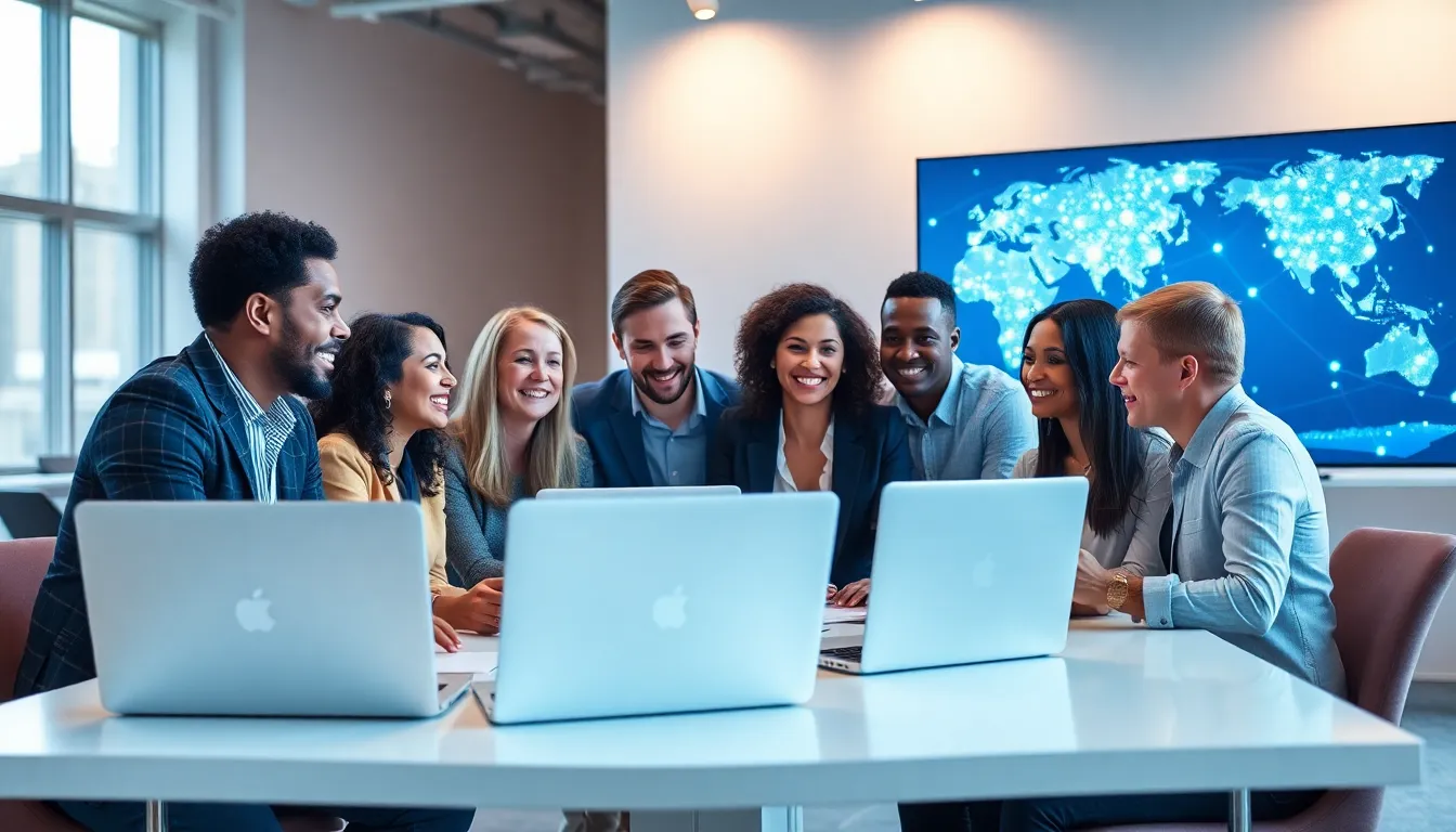 Diverse professionals collaborating in a modern office environment.