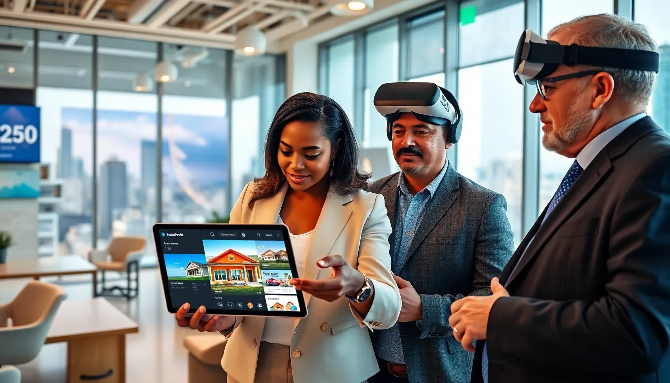 A diverse team discussing real estate transactions over a tablet in a modern office.