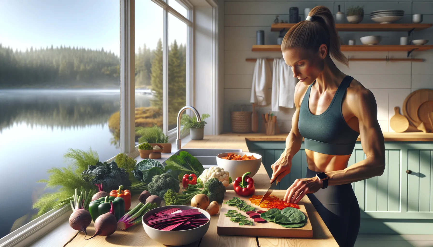 De beste grønnsakene for å støtte en aktiv livsstil 2 Athletic woman in norwegian kitchen preparing a colorful, nutrient-rich vegetable recovery bowl.