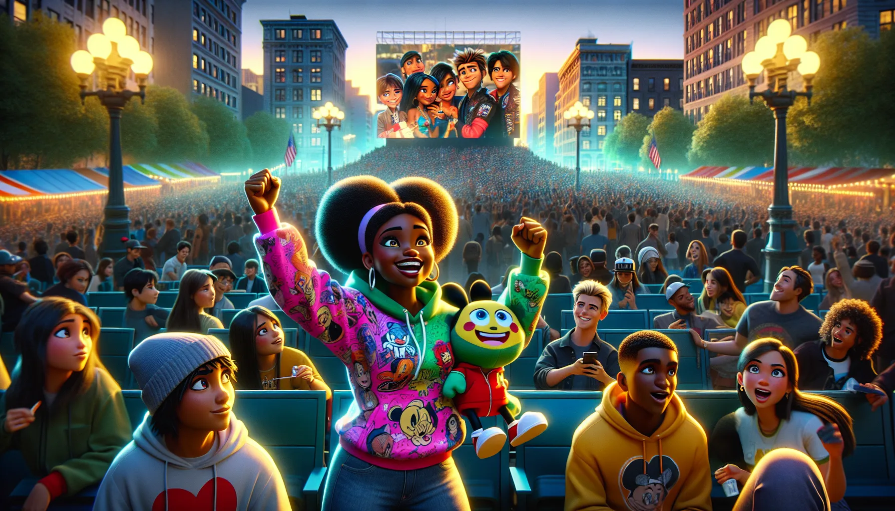 A diverse crowd enjoying anime and BTS in a vibrant city park.