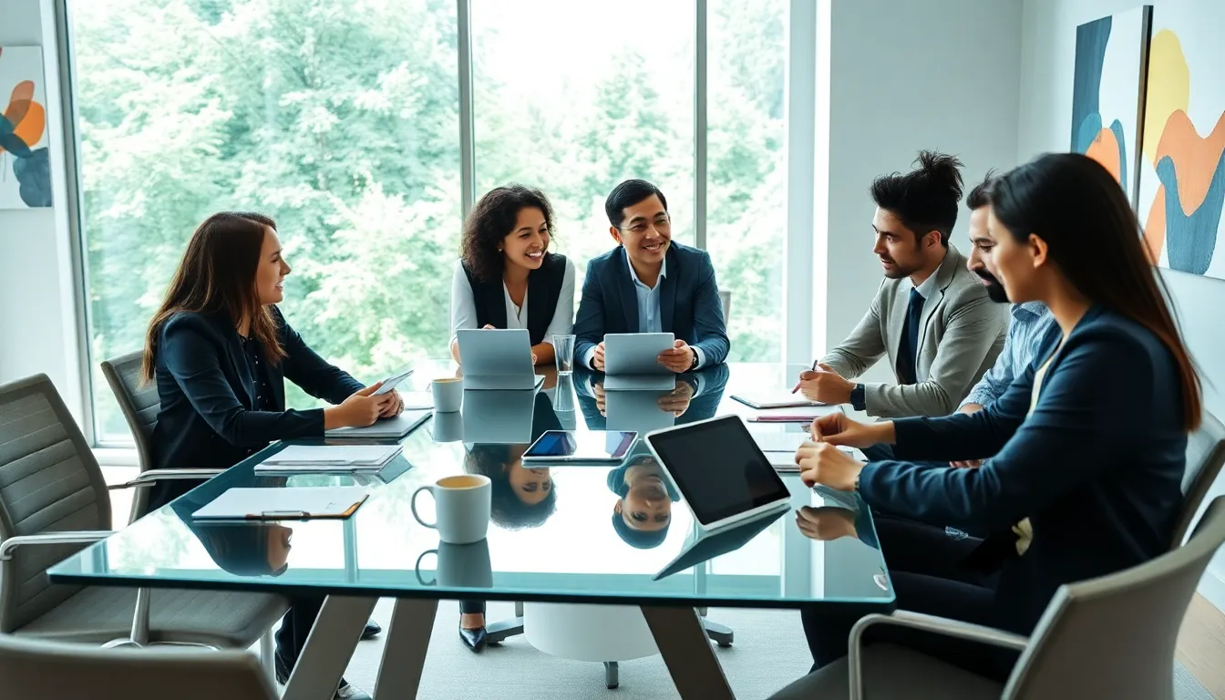 diverse team brainstorming in a modern collaborative workspace.
