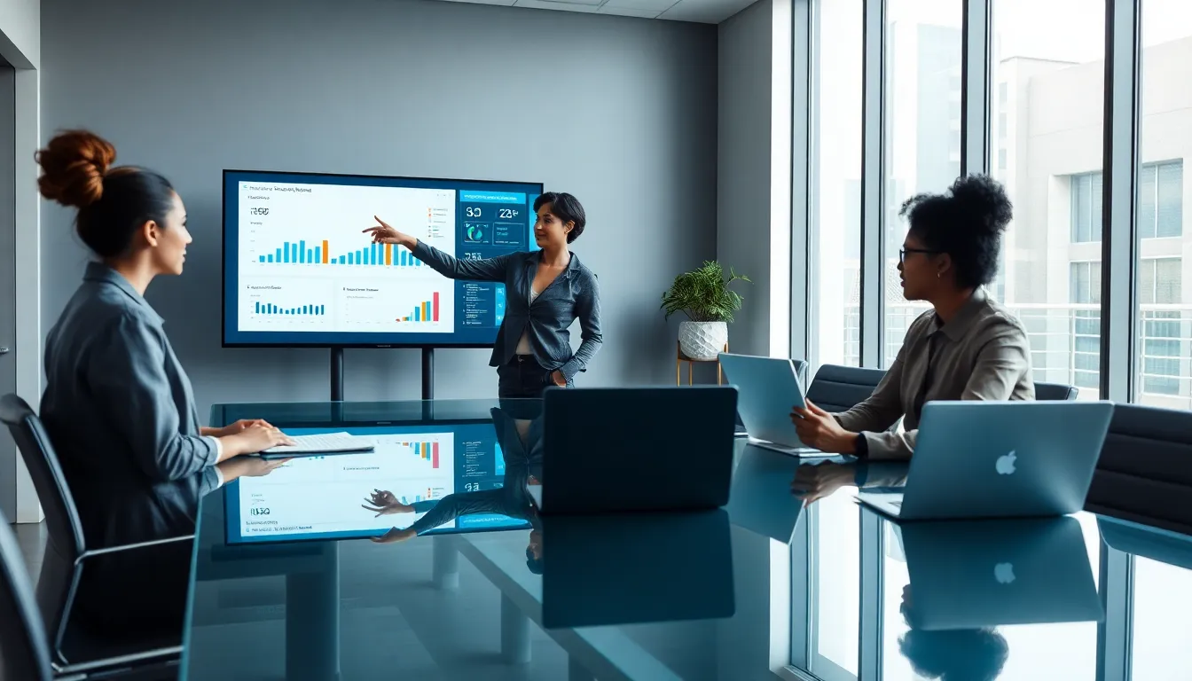 diverse professionals discussing data management in a modern office.