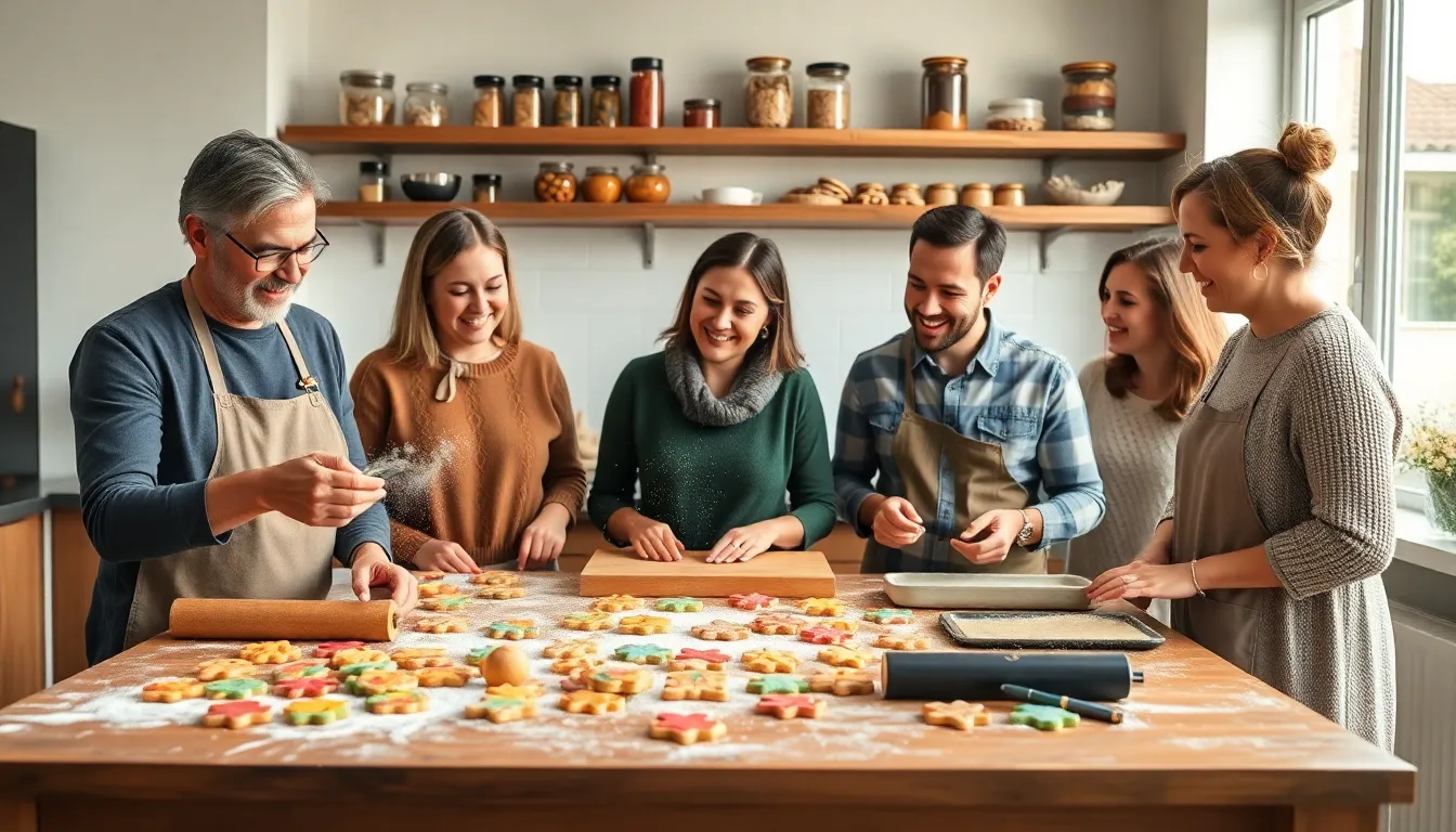 diverse group baking Dutch cookies in a sunny kitchen.