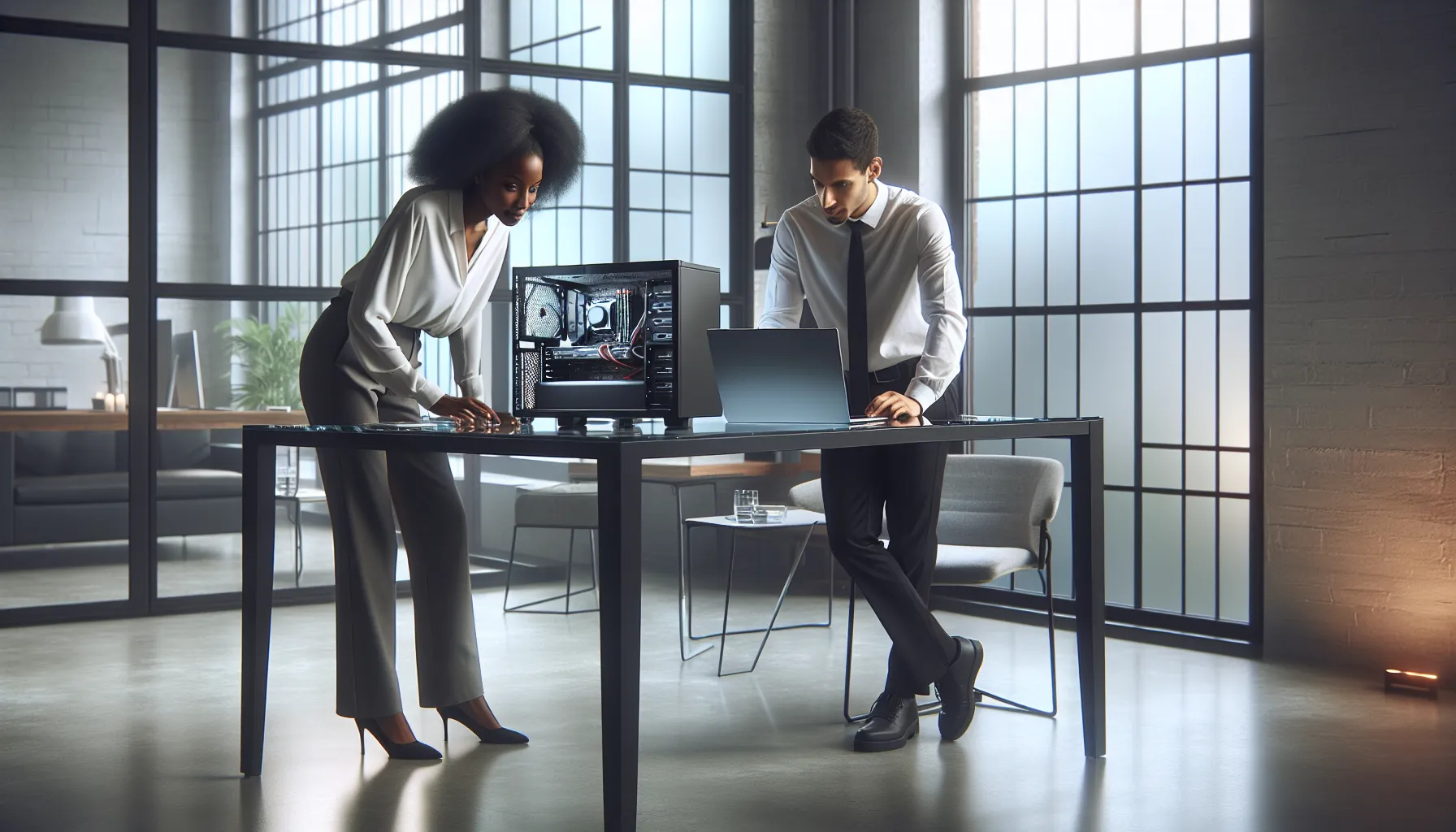 IT professionals troubleshooting a Doayods PC in a modern office.