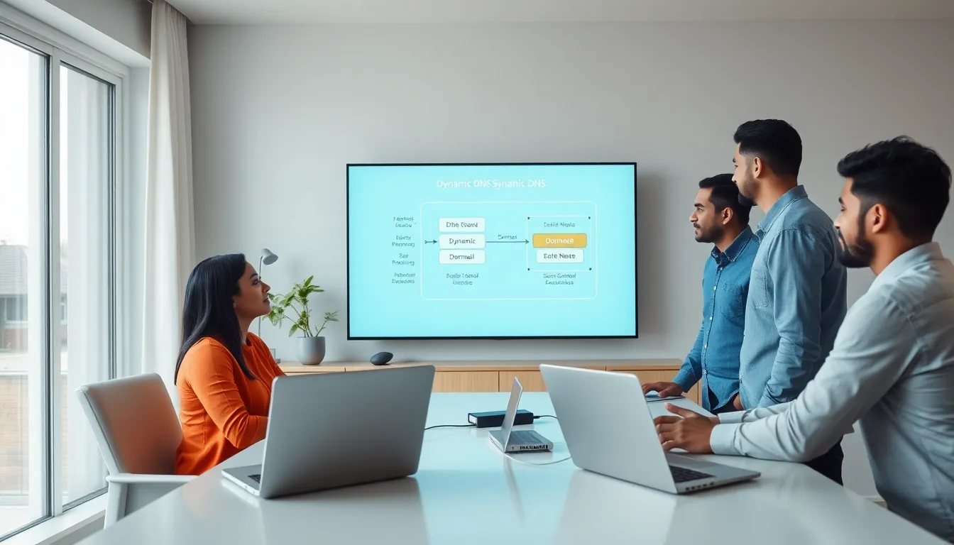 diverse team discussing Dynamic DNS in a modern office setting.