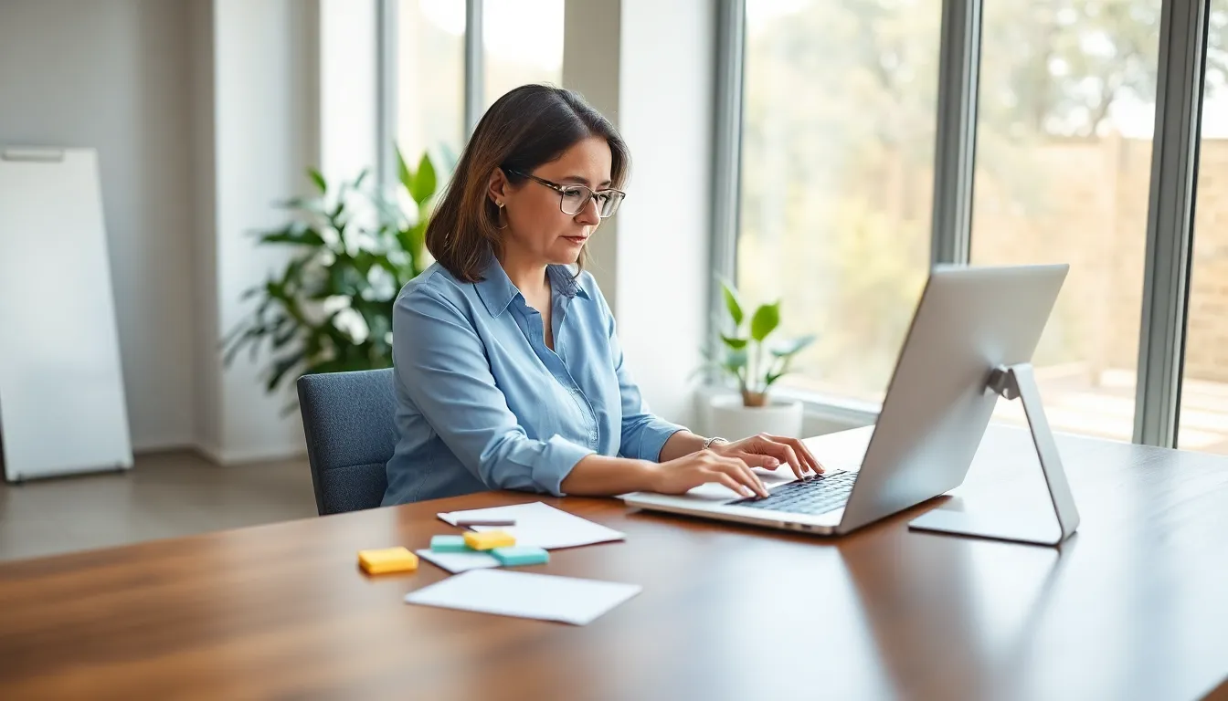 a woman working on an email in a bright office setting.