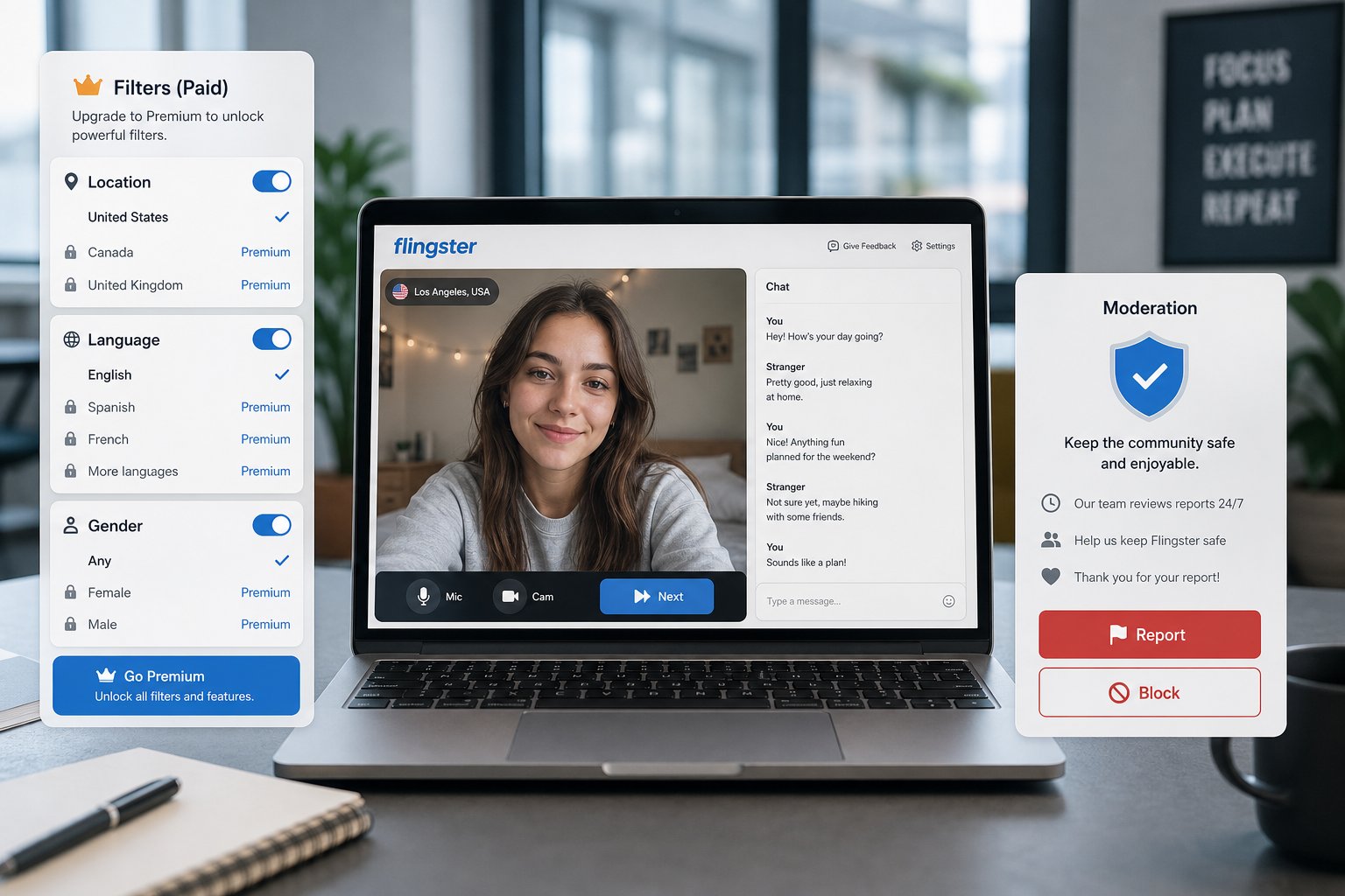 Laptop showing video chat with filters and prominent report and next buttons.