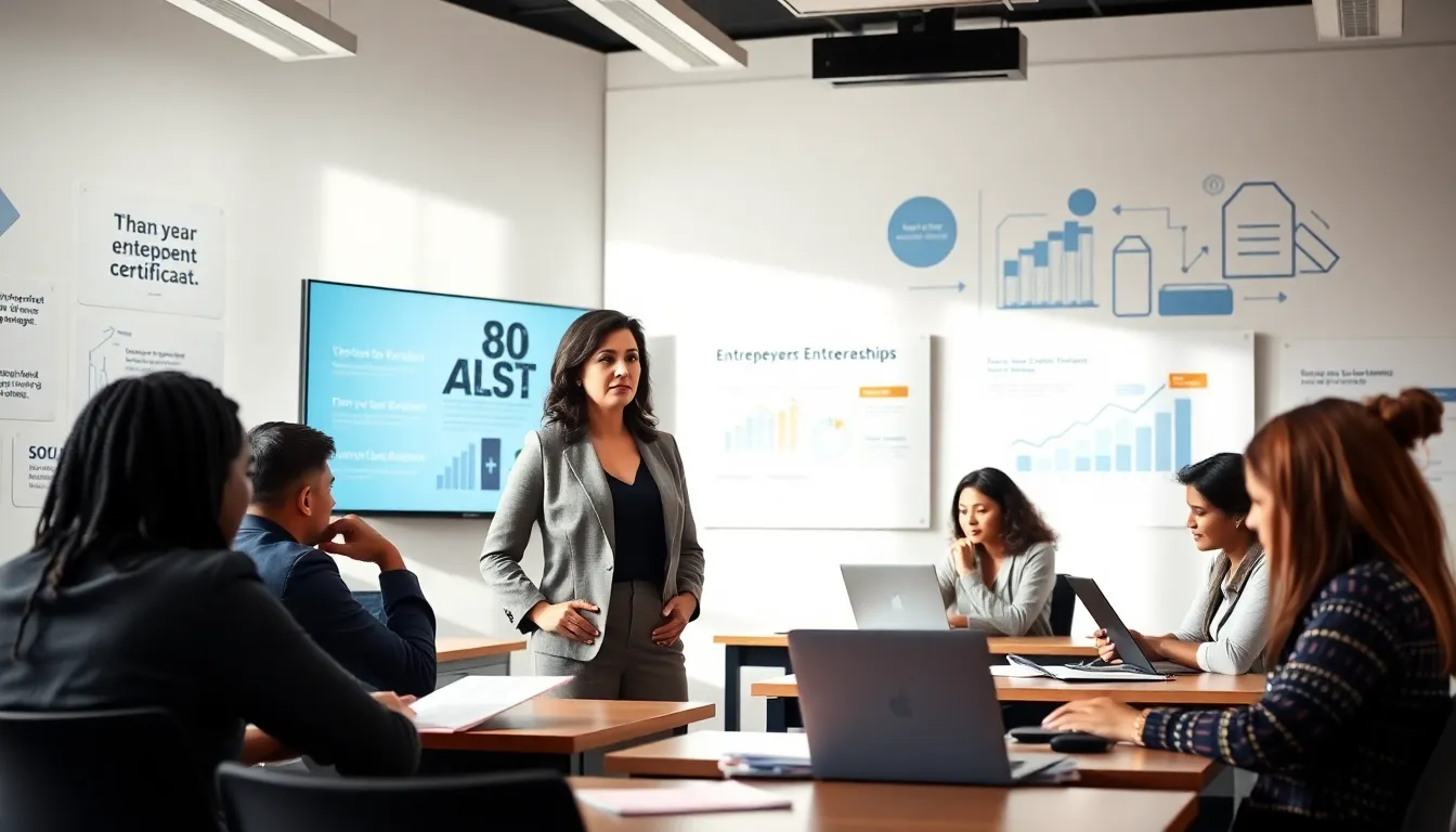 diverse adult learners in a modern classroom for entrepreneurship courses.