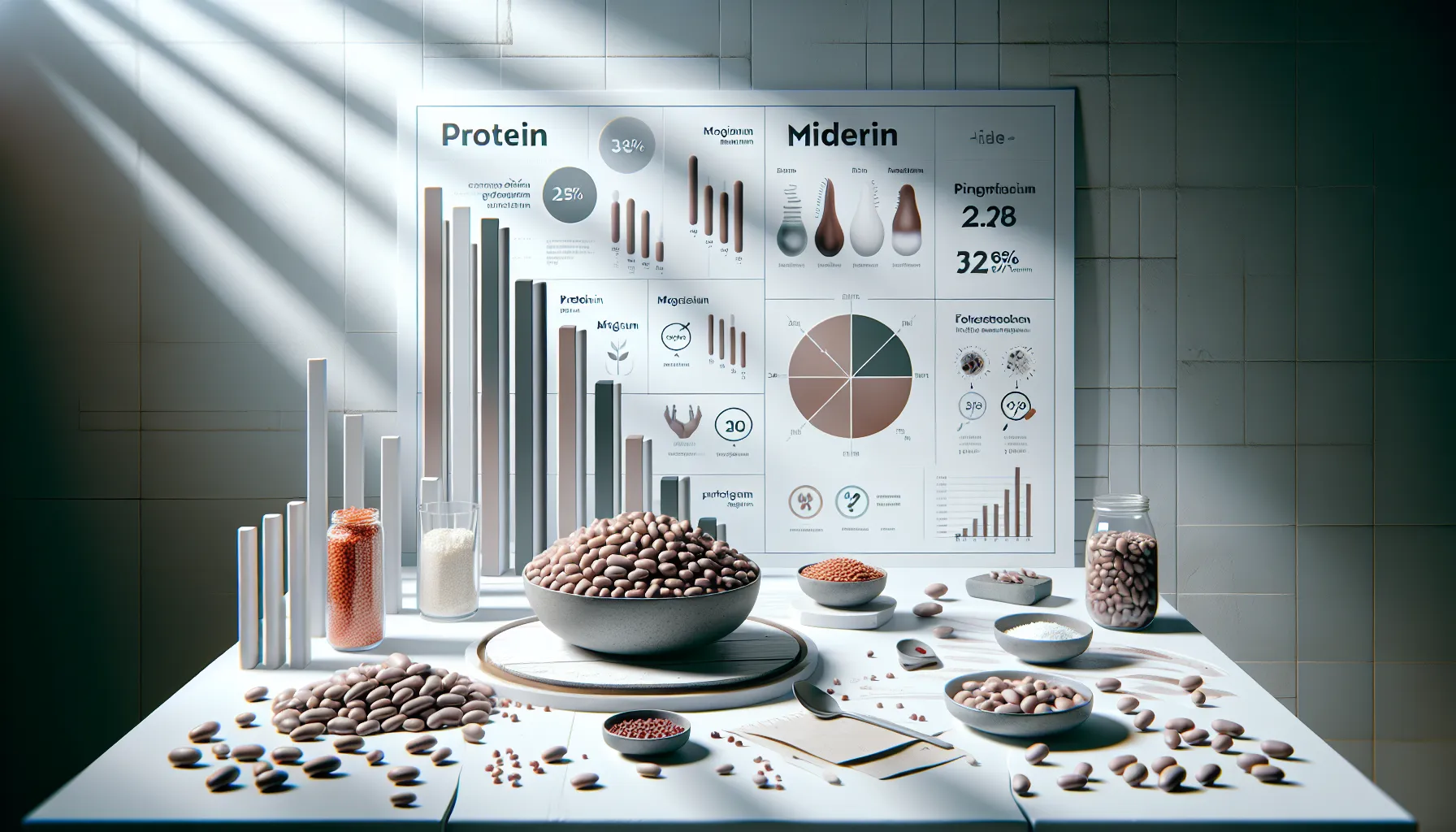 Nutritional chart and broad beans arranged on a clean table.