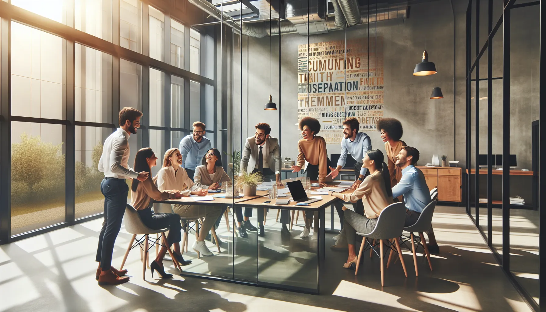 professionals participating in a team-building activity in a modern office.