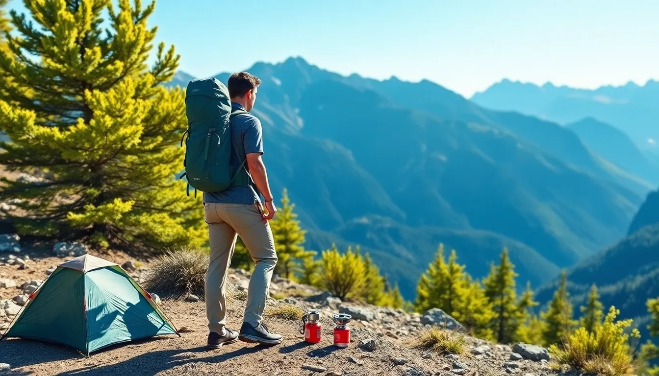 backpacker using Gossamer Gear ultralight equipment on a mountain trail.
