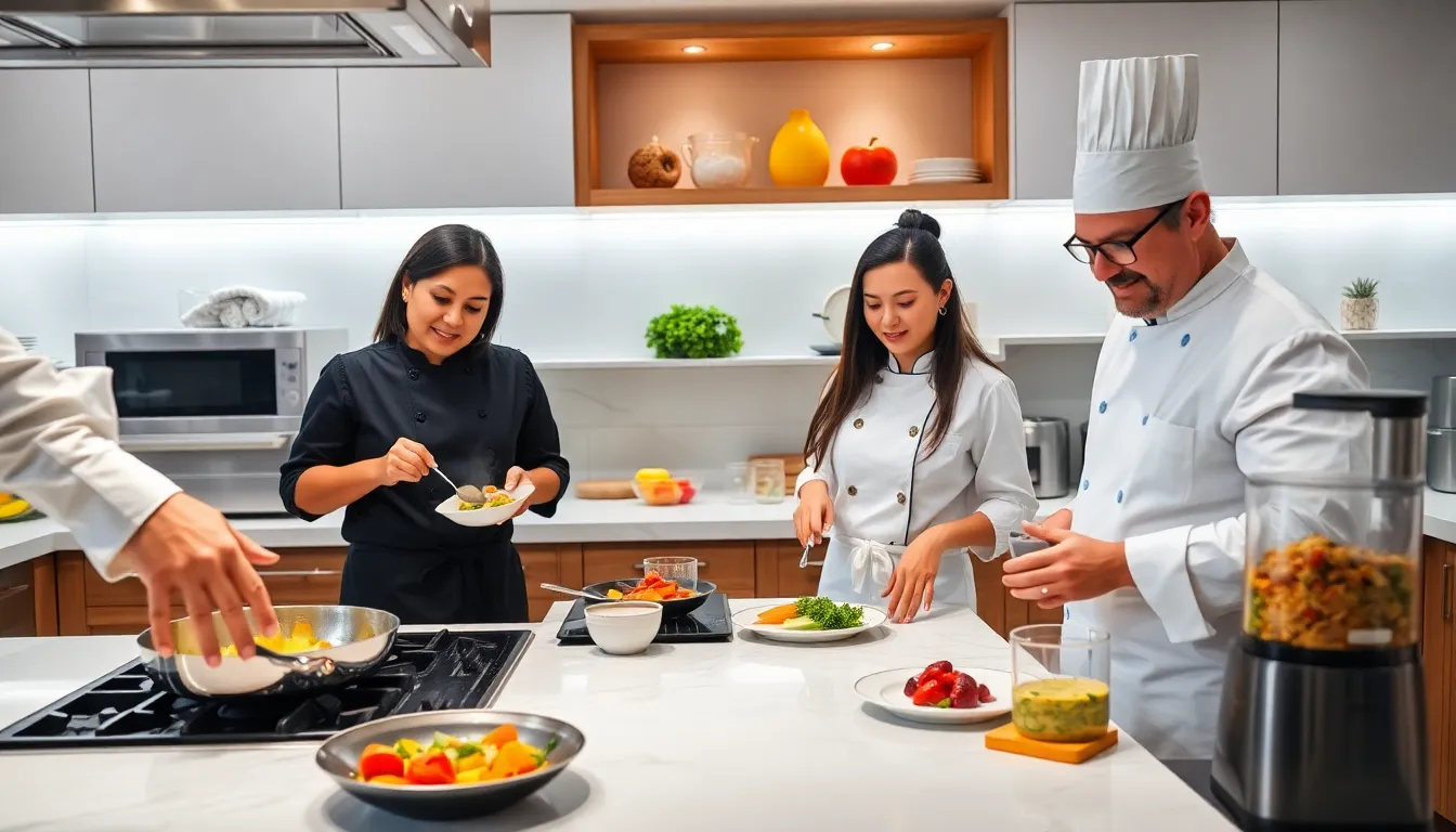 chefs demonstrating various cooking techniques in a modern kitchen.