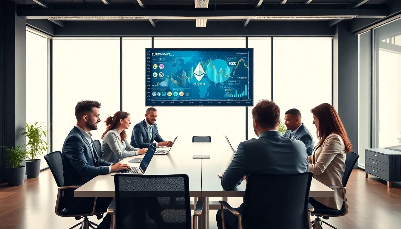 professionals discussing cryptocurrency in a modern office setting.