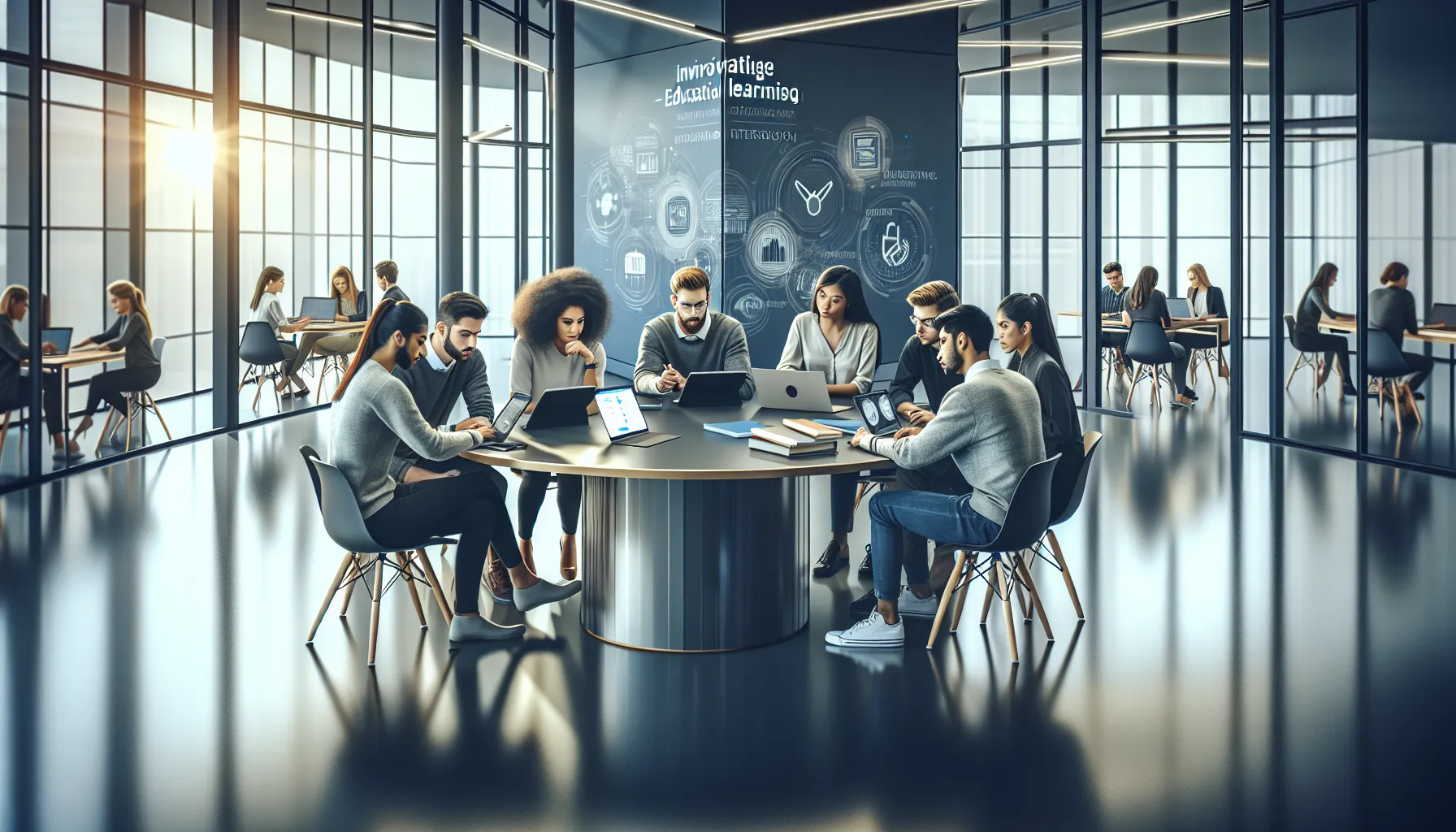 diverse students collaborating in a modern classroom.