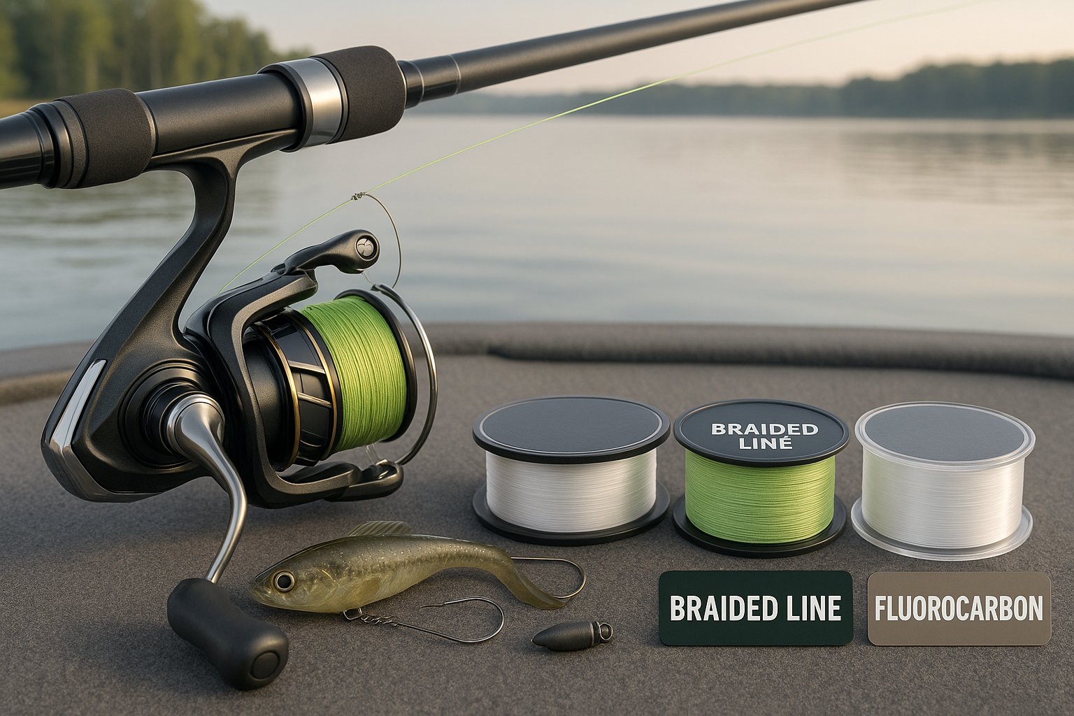 Spinning reel with mono, braid, and fluorocarbon fishing line comparison.