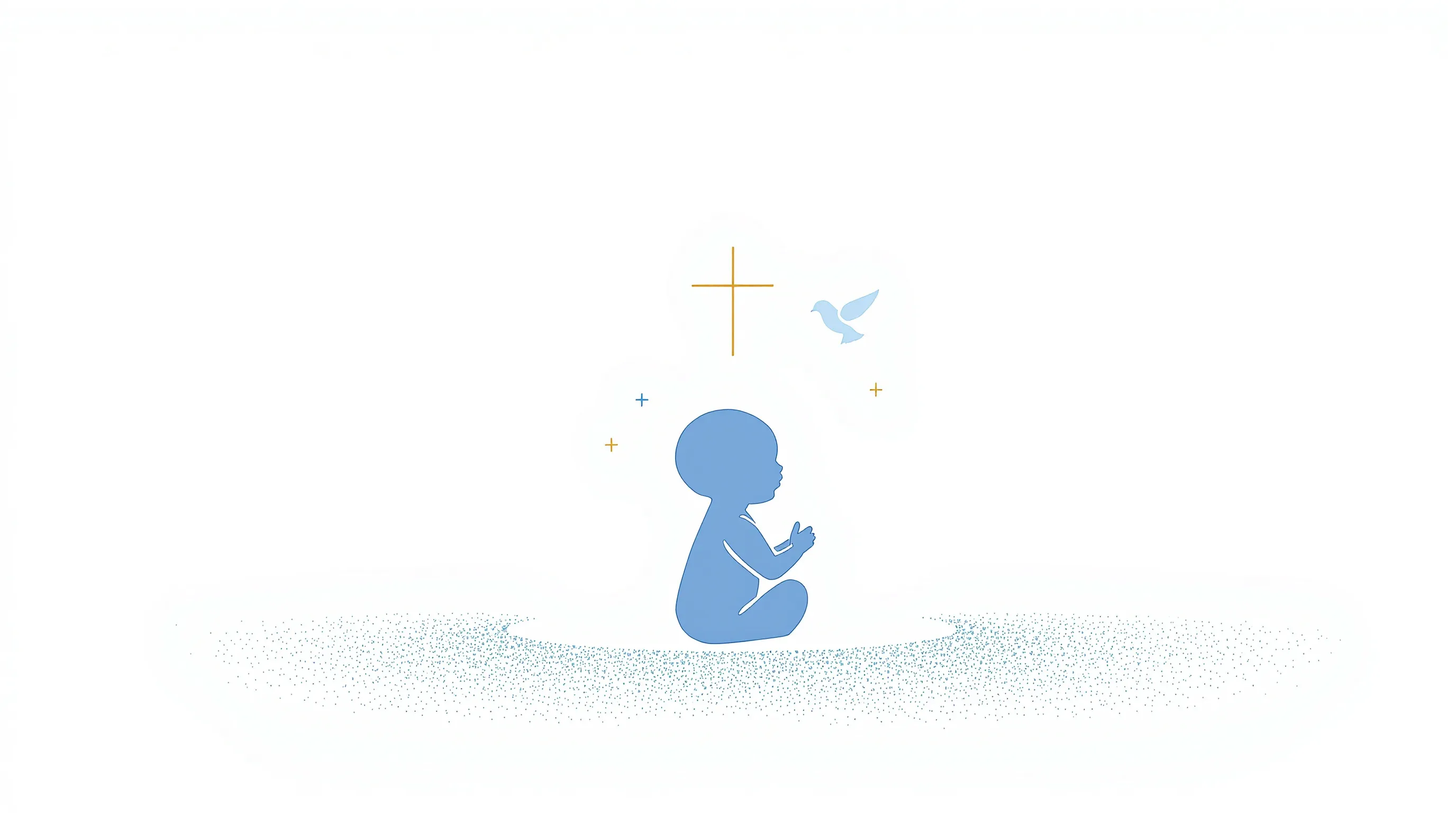 Minimal illustration of baby boy with cross and dove symbolizing baptism blessing.