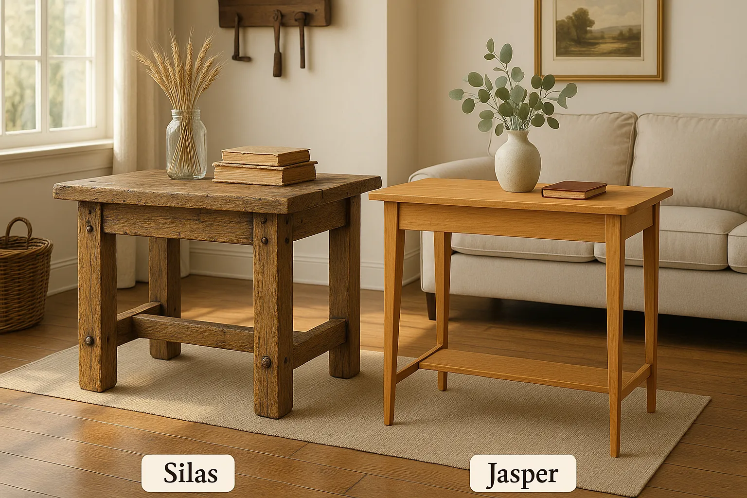 Side-by-side distressed Silas and refined Jasper wooden console tables