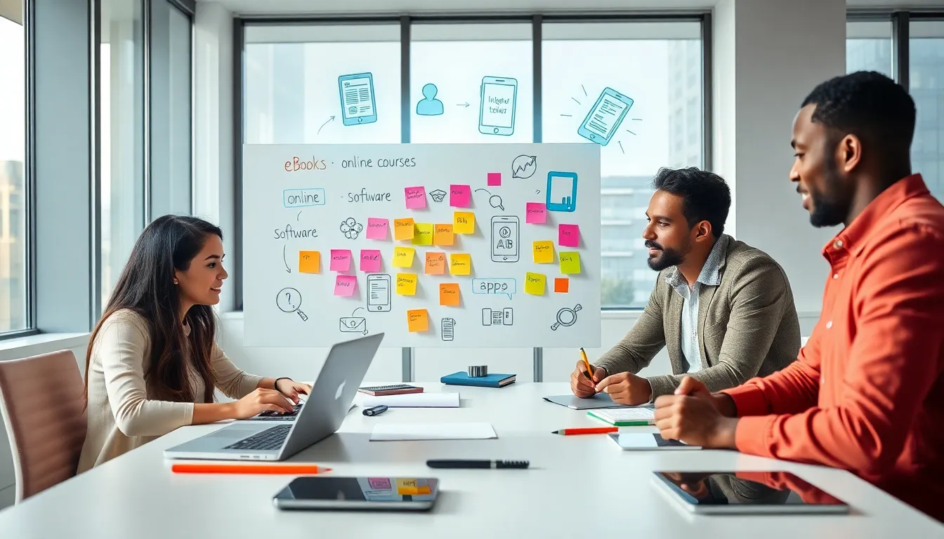 Team of diverse professionals brainstorming about digital products.