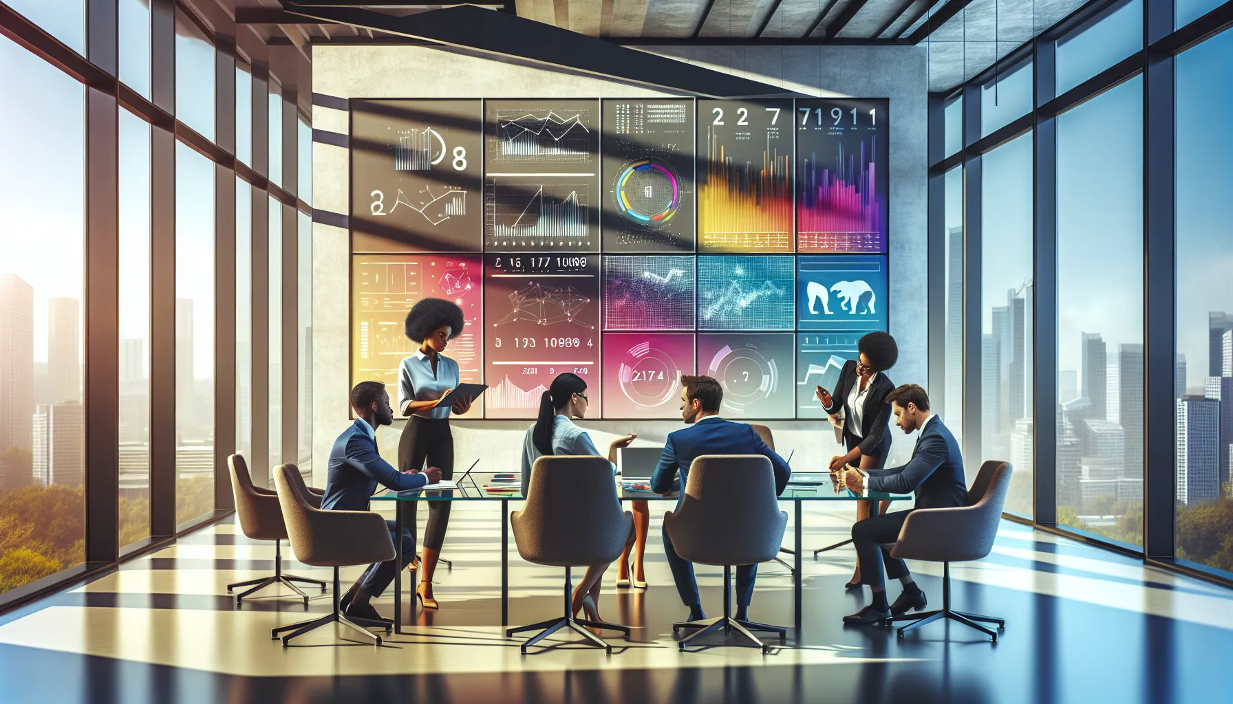 diverse team discussing numerology in a modern office setting.