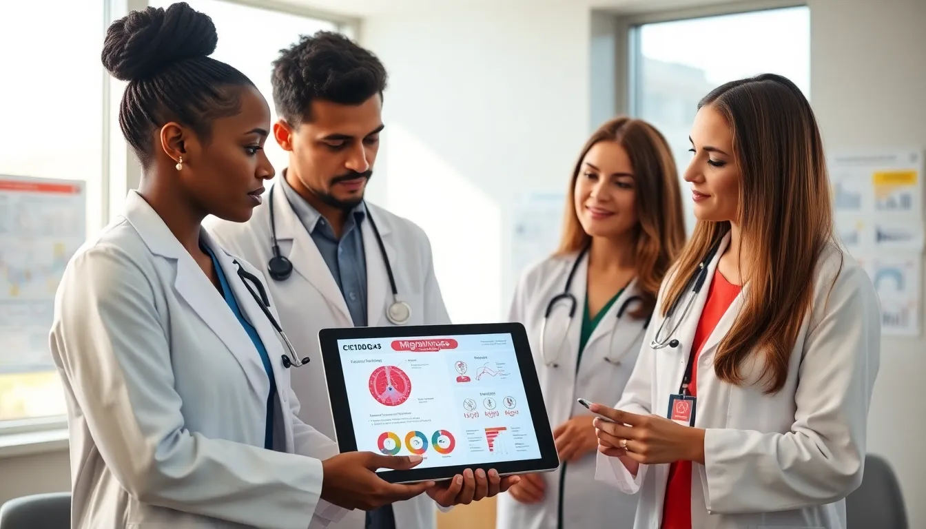 medical team discussing migraines in a modern healthcare setting.