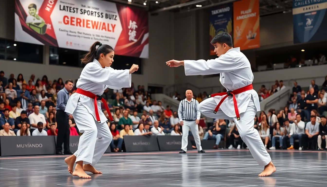 taekwondo sparring match in a modern arena setting.