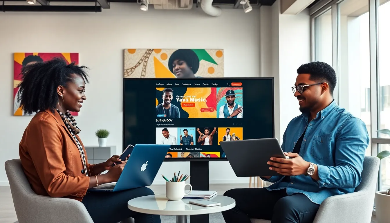 diverse team exploring Val9jaMusic in a modern office.