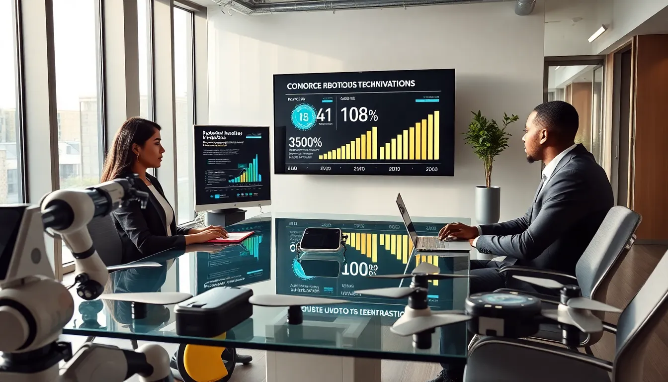 team discussing robotics innovations in a modern office.