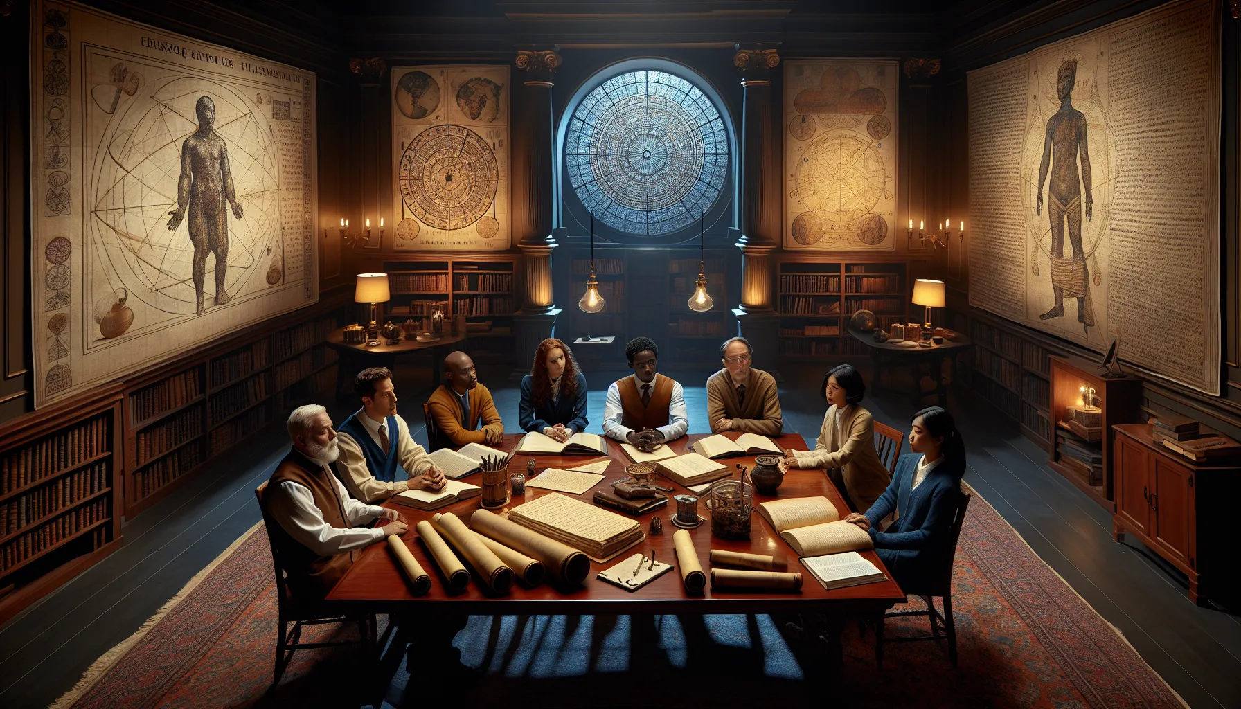 scholars discussing ancient philosophy in a candlelit study.