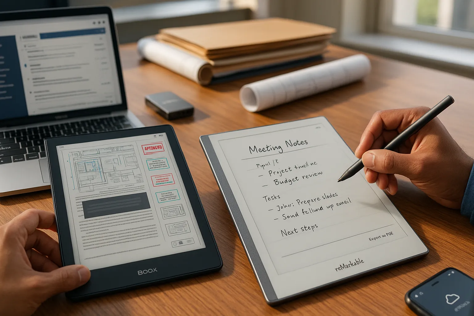 Two E Ink tablets side by side showing complex PDF and clean handwritten notes.