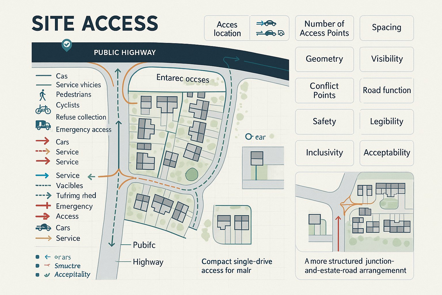 Infographic of a UK housing site access layout and movement routes.