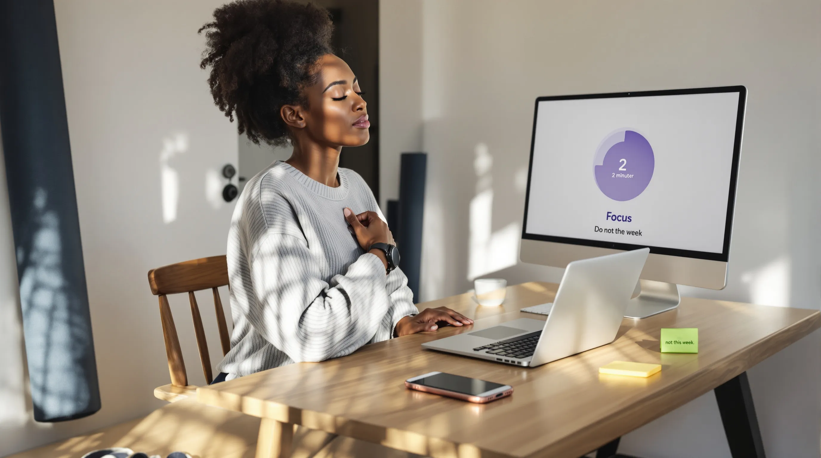 Woman breathing calmly at desk with phone on Do Not Disturb.