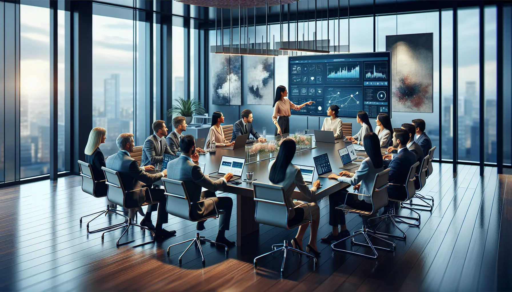 diverse team collaborating over digital solutions in a modern office.