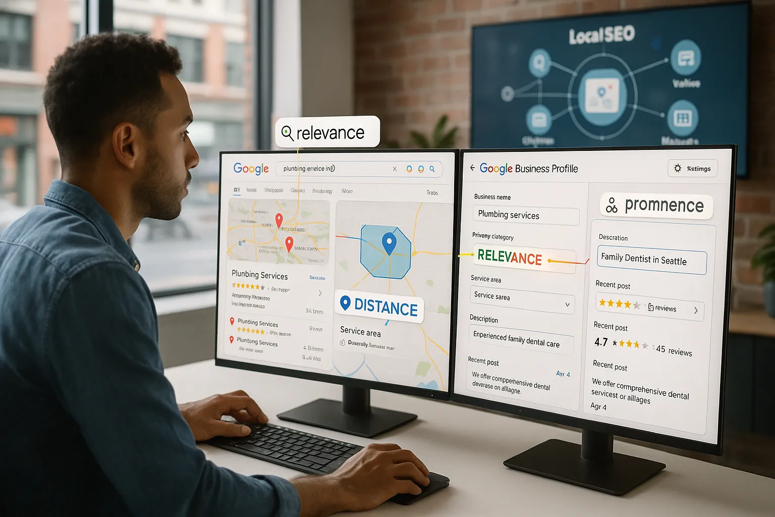 Marketer optimizing a Google Business Profile with local map and website connections.