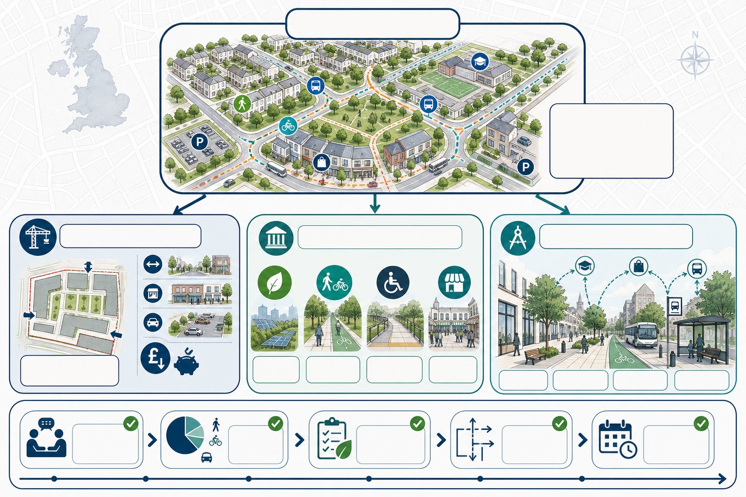 Infographic showing how vision led transport planning benefits developers, councils and design teams.