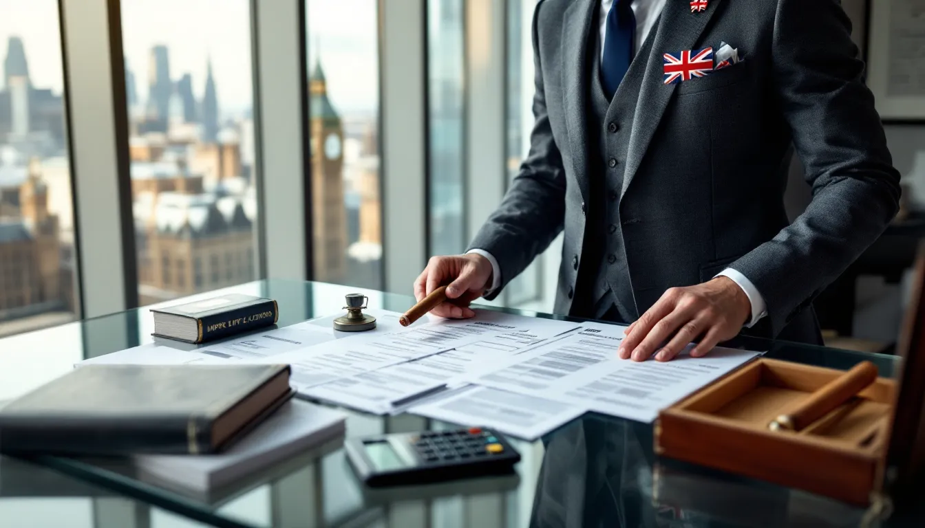 Legal professional reviewing UK cigar regulations and tax documents in office