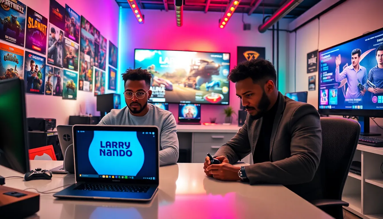 diverse gamers collaborating in a modern office space.
