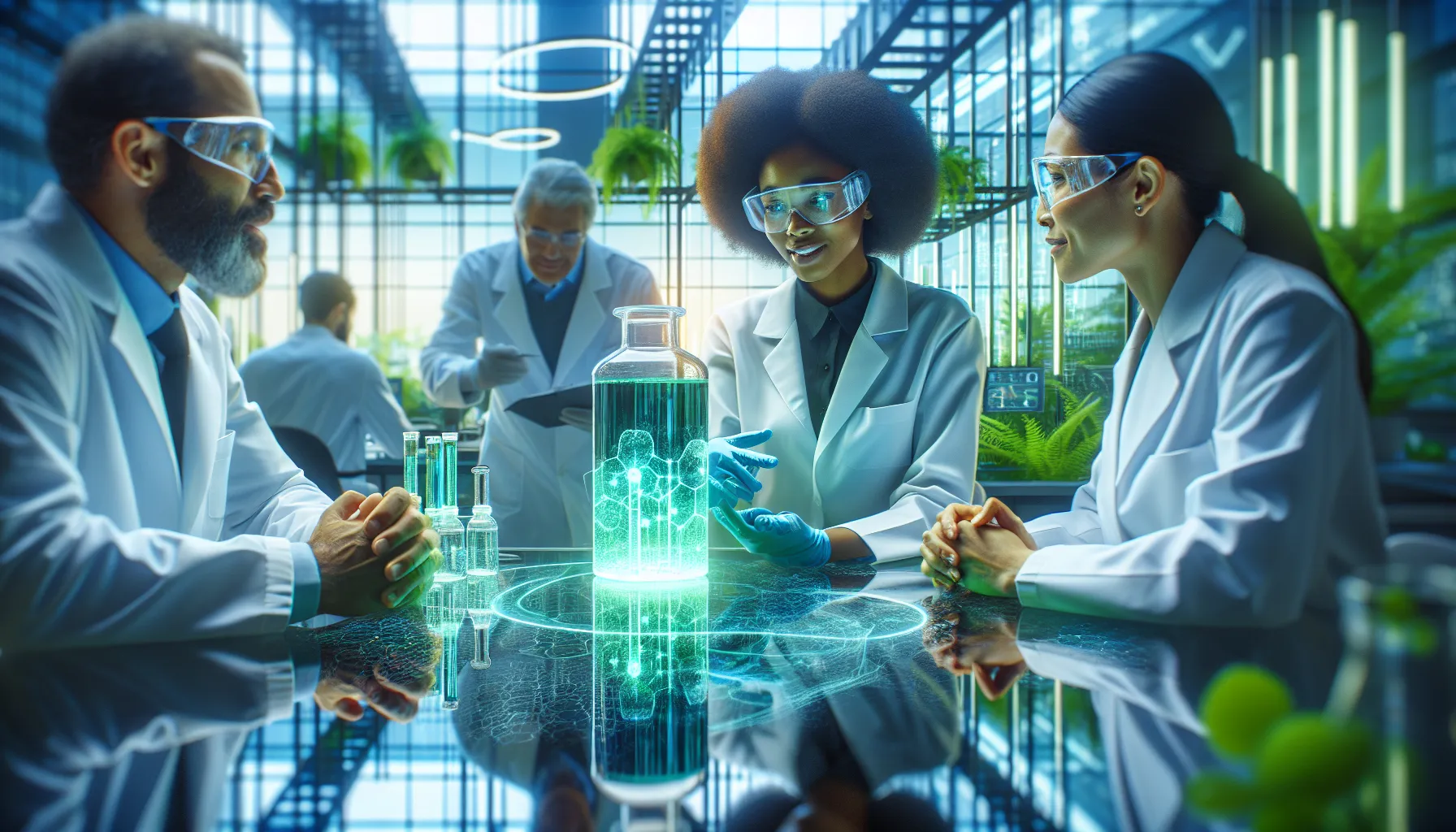 diverse team discussing hydpatan in a modern lab setting.