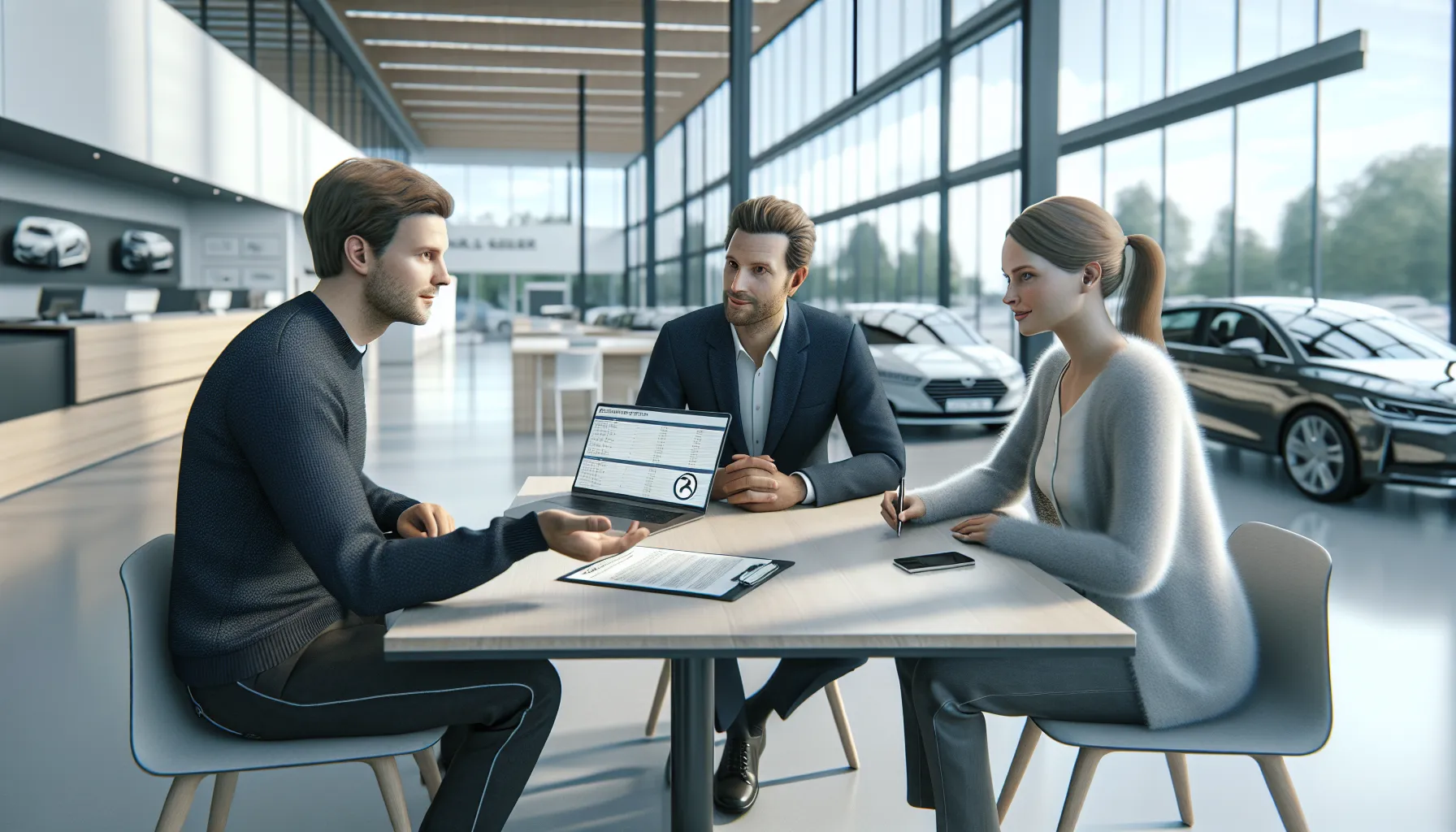 Norwegian couple calmly negotiating car price with a friendly salesperson in a dealership.