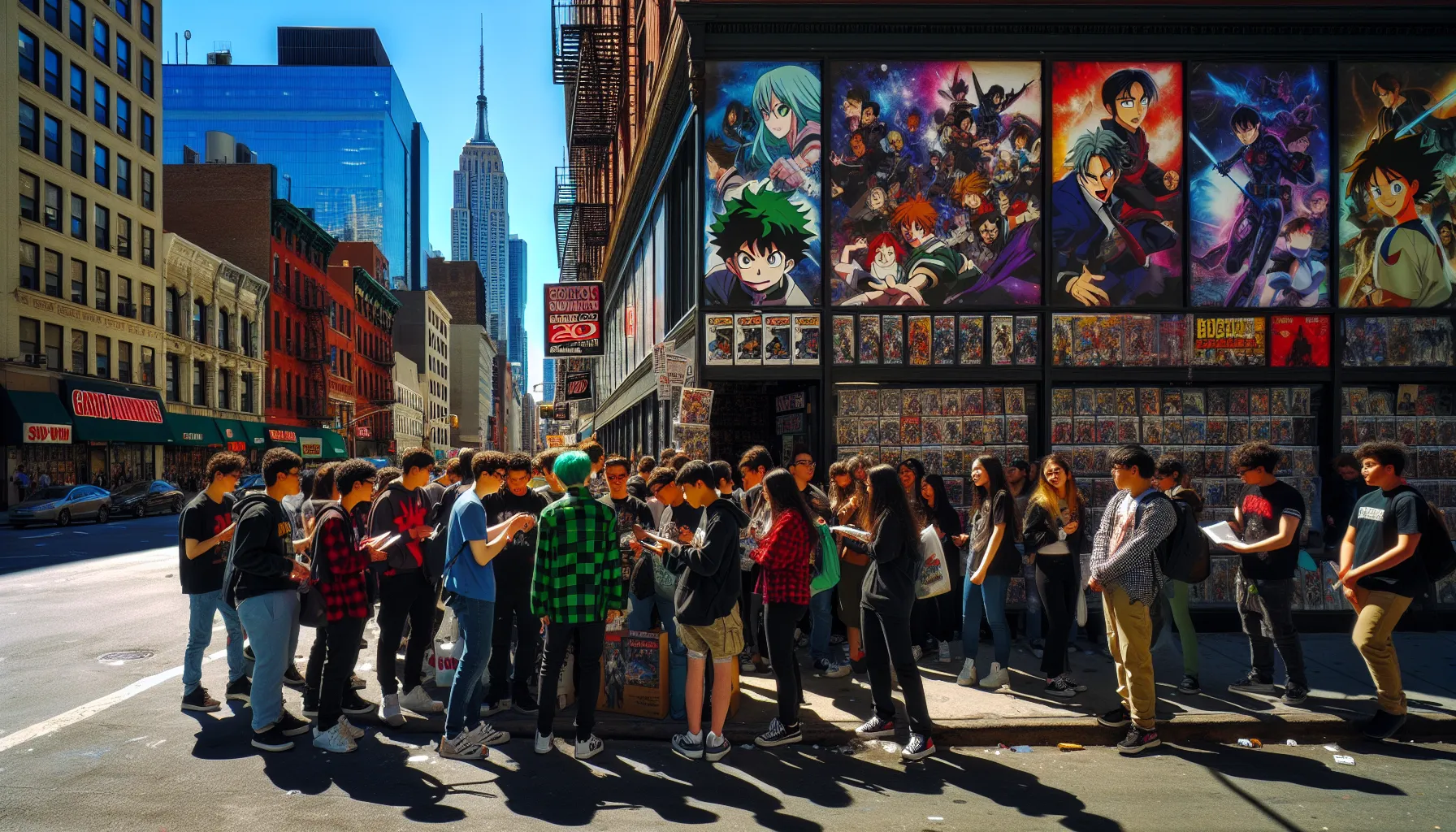 anime fans discussing popularity of AOT and Demon Slayer outside a comic shop.