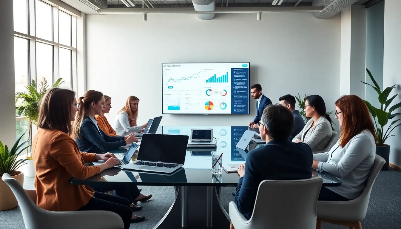 diverse sales team discussing sales software in a modern office.