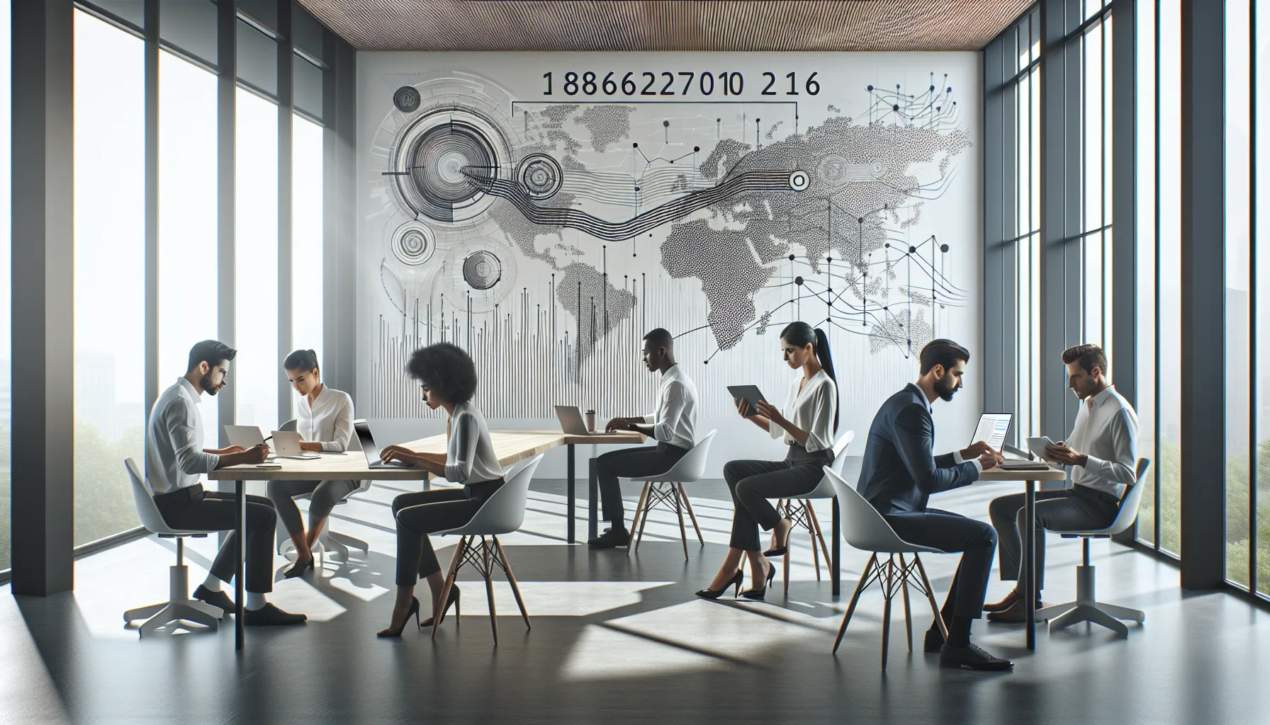 professionals analyzing data in a modern office setting around a digital dashboard.