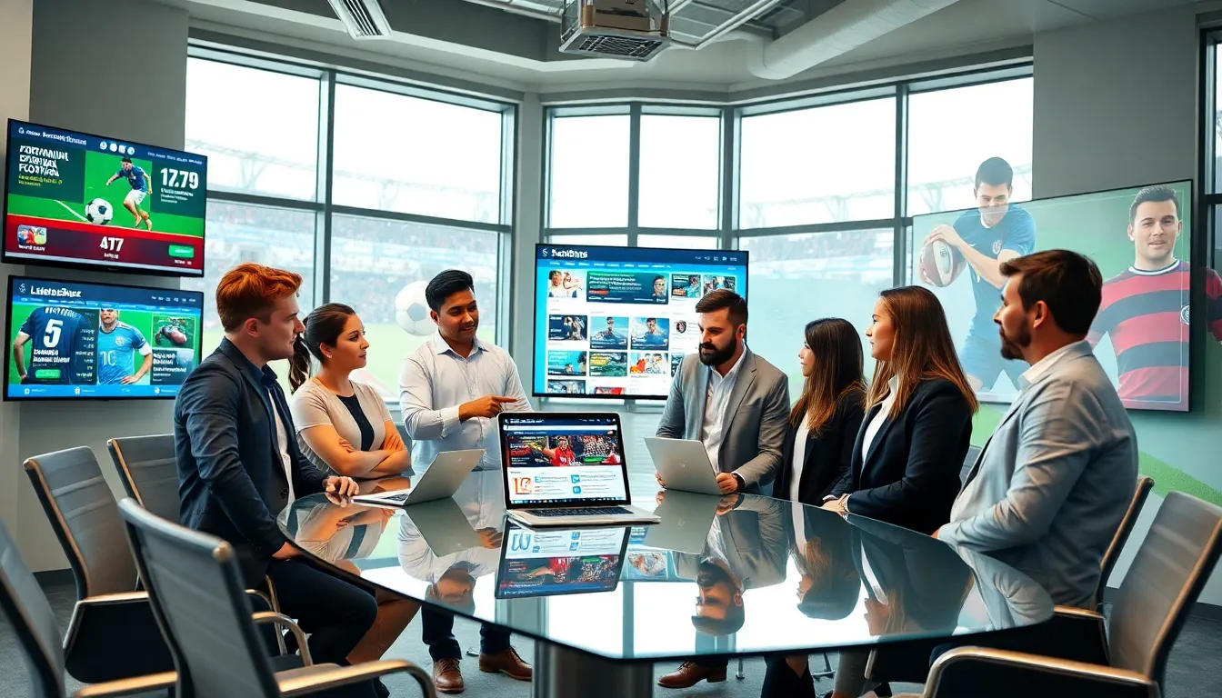 professionals discussing football updates at a modern workspace.