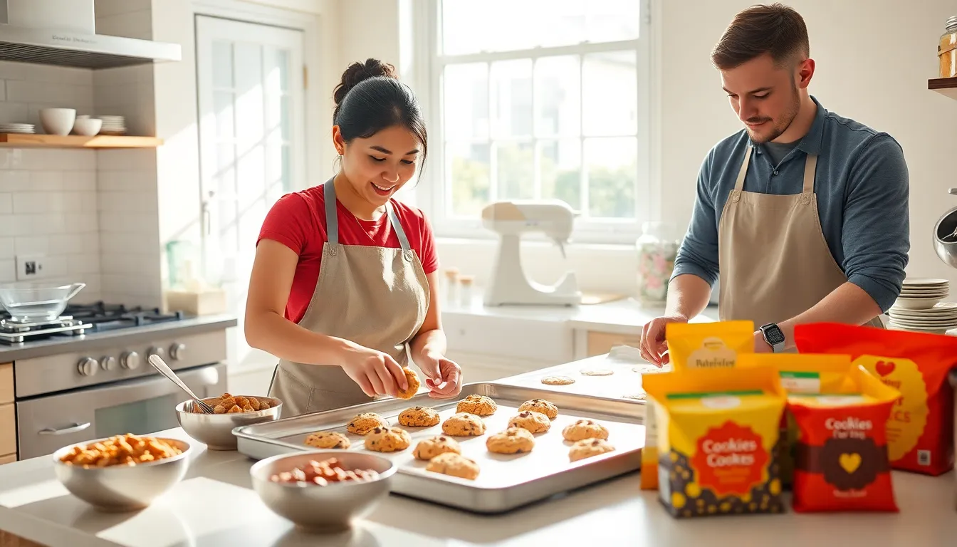 professionals baking cookies in a cozy, sunlit kitchen.