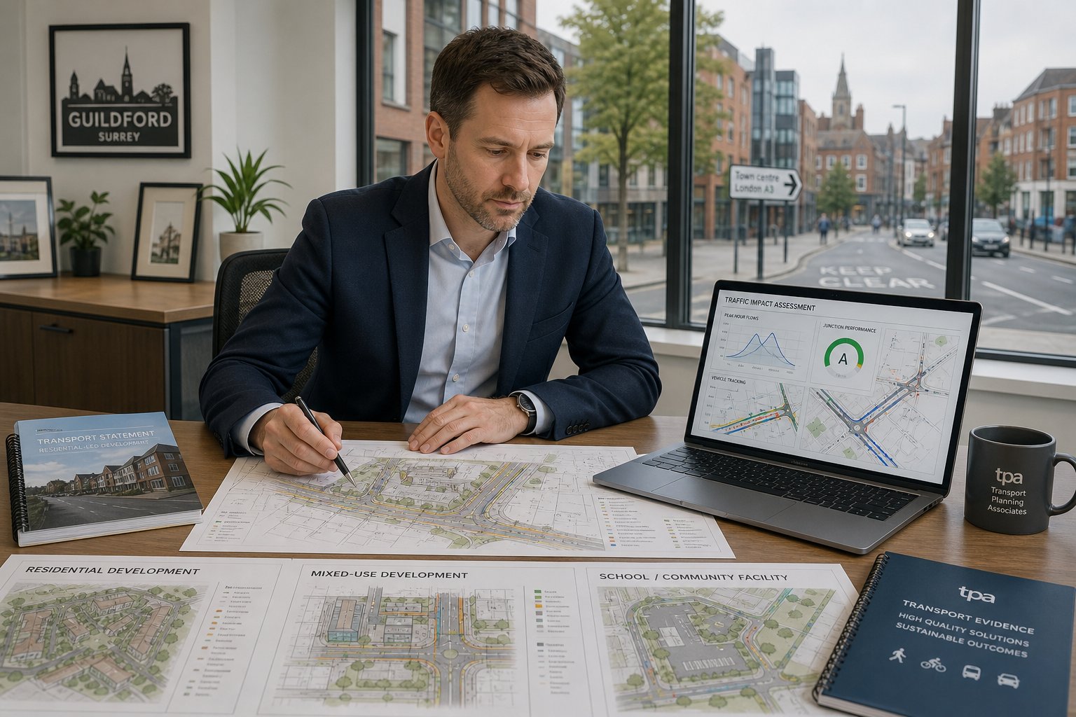 Traffic engineer reviewing UK development traffic plans in a modern office.