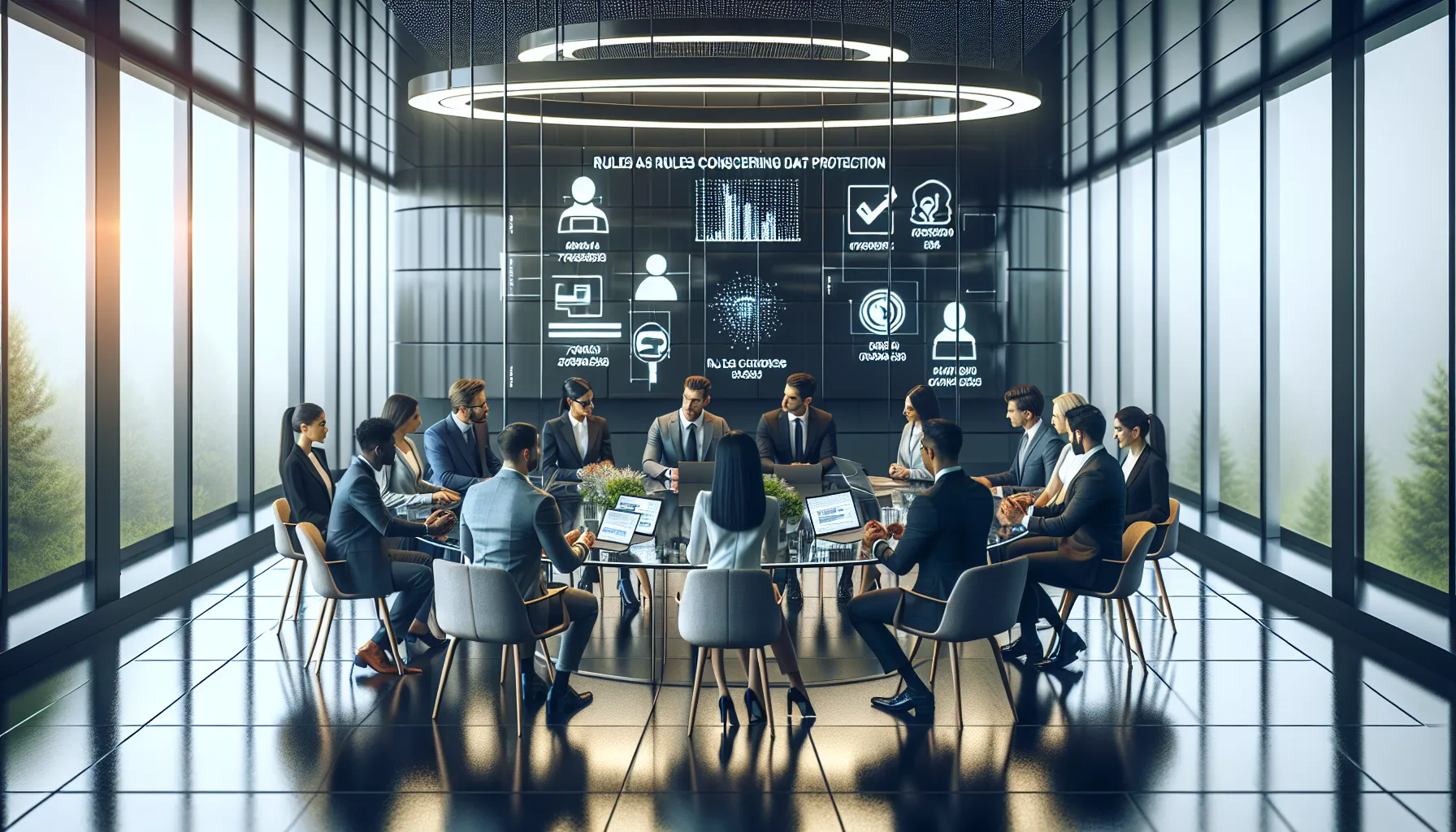 diverse professionals discussing data protection regulations in a modern office.
