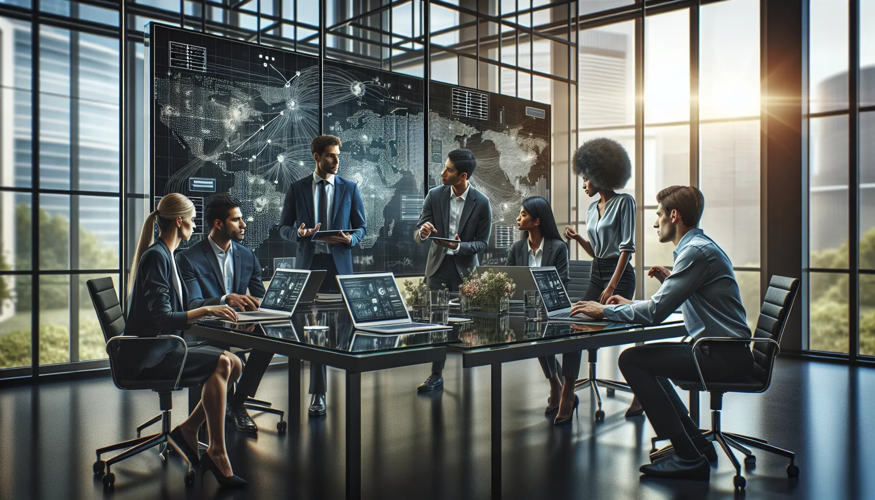 diverse IT team discussing network management in a modern office.