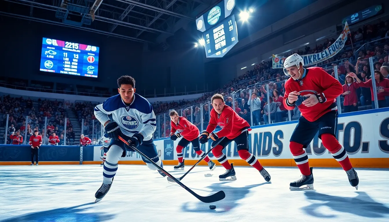a diverse hockey team playing intensely in a well-lit arena.