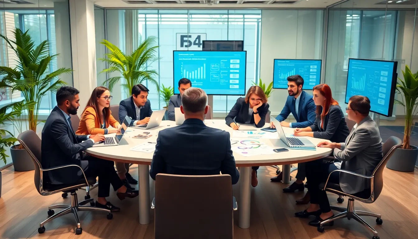 diverse professionals collaborating in a modern office setting.