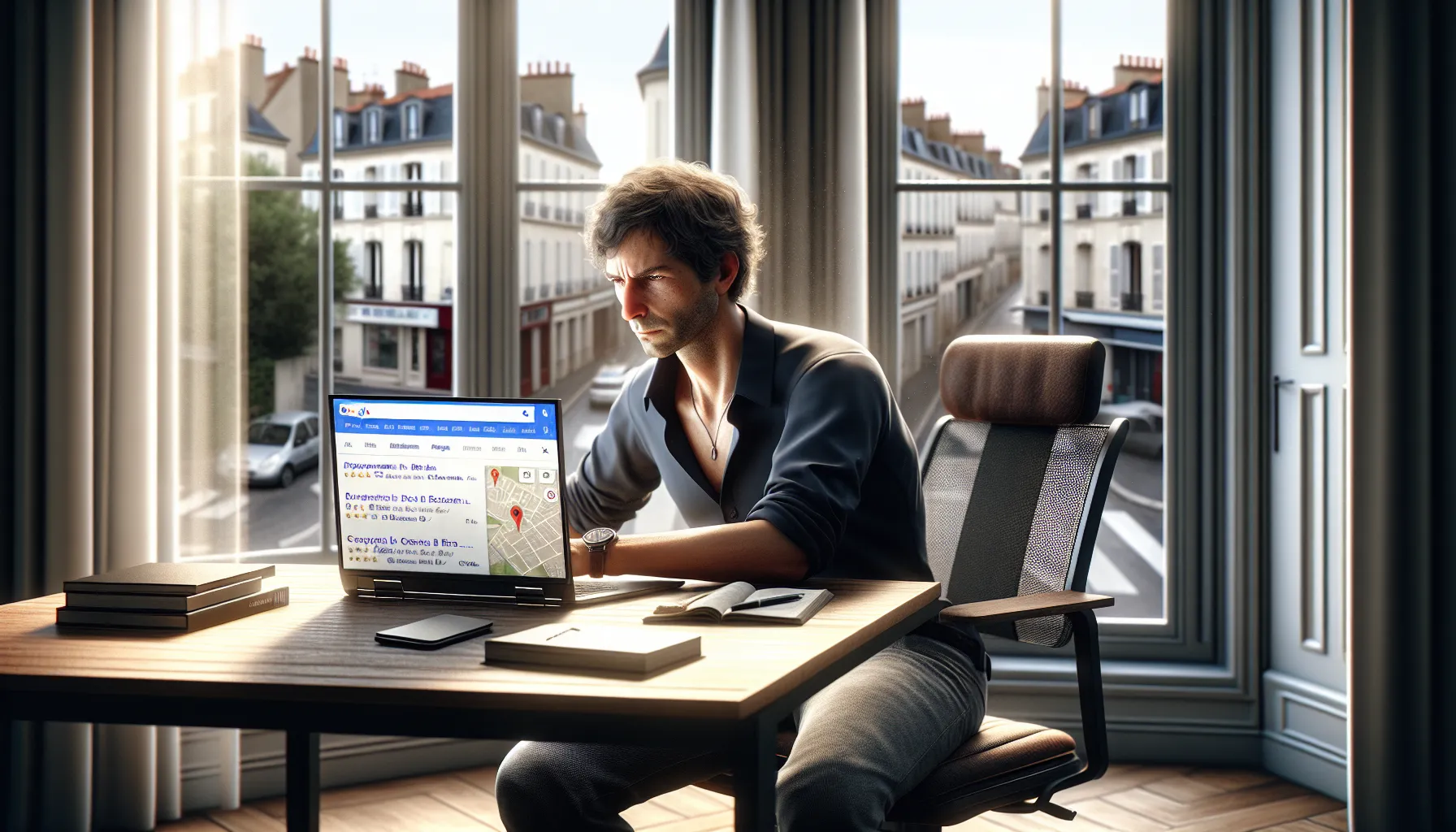 French small business owner in Crosne studying local Google search competition on laptop.